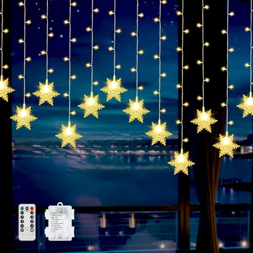 Lewondr 90 LED Weihnachts-Vorhanglichter Mit 6H Timer & 8 Modi | Schneeflocken-Hängelichter mit USB und Fernbedienung warmweiß für Innenpartys