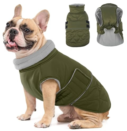 Hjumarayan Hundemantel Französische Bulldogge, Wattierend Jacke Warme Mantel Hund Geschirröffnung, Wintermantel Gefüttert für Französische Bulldogge, Mops, Westie (Armeegrün M)