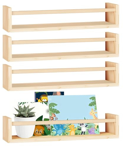 HEKOBAG 4 Stück Wandregal Kinderzimmer 41cm Kinder Bücherregal Wand | Schweberegal Holz Wandregal Bücher Schweberegale Gewürzregale Hängend Regal für Spielzeug, Bücher, Märchenbücher, Zeitschrift