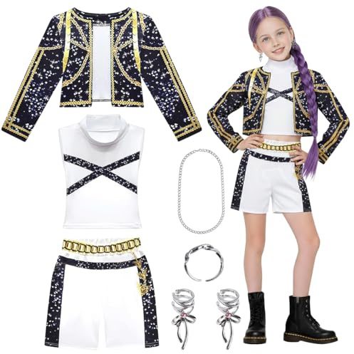 Costume da Cantante per Bambine, Palcoscenico Costume per Ragazze con Shorts Giacca Maglietta, Costumes da Cantantes Pop di Esibizione per Halloween Carnevale Scena Cantanti e Feste (Nero, 130)