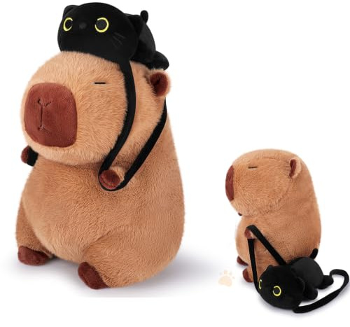 13.7inch Capybara Plush Toy Capybara Toy Stuffed Capybara Black Cat Bag, Cuddly Toys Stuffed Animal and Plush Pillow Soft Animal Plushie Hugging Pillow Large Fluffy Cushion Doll Present