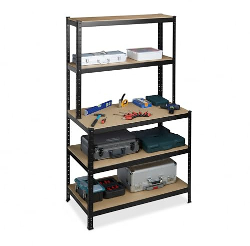 Scaffale Pesante Relaxdays con banco da Lavoro, 500 kg, 5 Ripiani, H x L x P: 180 x 100 x 60 cm, MDF e Acciaio, Nero