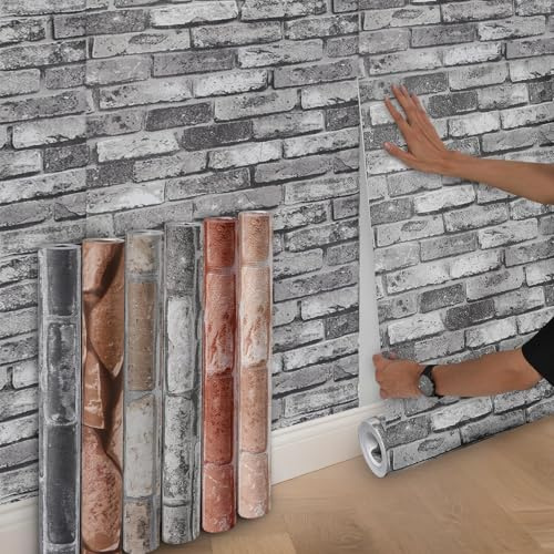 Anttyscar Grey Brick Wallpaper - 3D Effect Textured Brick Effect Wallpaper for Realistic Faux Bricks Wall Covering，Anti-Fouling Slate for Bedroom Living Room Hallway Stairs Lounge