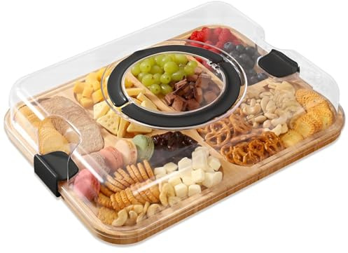 Charcuterie Board med lock bambu Charcuterie Boards med genomskinliga lockhandtag 6 fack serveringsbricka för kök mat mellanmål, vinterdekor