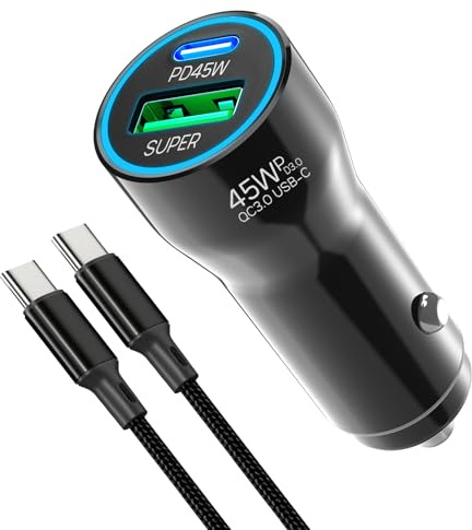 Zigarettenanzünder USB C mit 2M Typ C Ladekabel Auto Adapter KFZ Ladegerät | PD45W & QC30W 12V Auto Handy Ladegerät für Samsung Galaxy S26 Ultra S25 S24 A57 A56 A55 A17 5G, für iPhone 17 16 15 Pro Max