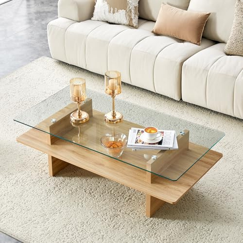 Calivra Mesa de centro de 2 niveles 115 x 55 cm con cristal templado – Mesa de salón moderna con espacio de almacenamiento, aspecto de madera natural, mesa auxiliar para salón, roble