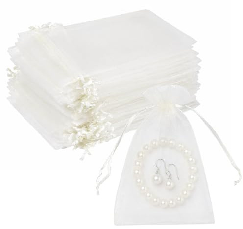 50Pcs Cream Organza Gift Bags, 10x15cm Drawstring Pouches for Clear Mesh Wedding Jewellery Pouches, Birthday Party Sweet Bags for Gift Wrapping