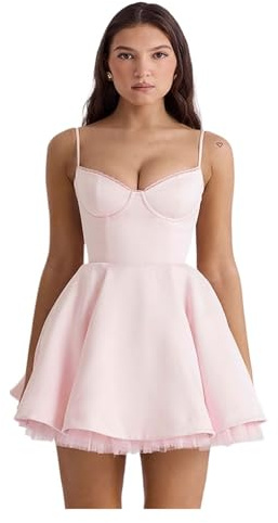 Satinklänning nätfoder svart rygglös prinsessa miniklänning sommarklubb fest bal födelsedag elegant A-linje kväll för fest, Rosa, S