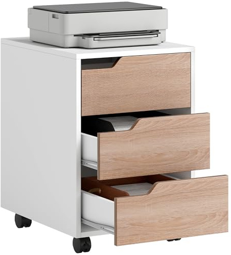 HOMCOM 3 Drawer Mobile File Cabinet, Vertical Filing Cabinet with Wheels for Home Office, Oak