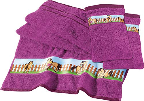 Erwin Müller Kinder-Handtuchset, Frottierset 3-TLG. Pferd, Pony Fuchsia Größe 50x100 cm + 15x21 cm - 1 Handtuch und 2 Waschhandschuhe, mit Pferdemotiv, saugstark, weich