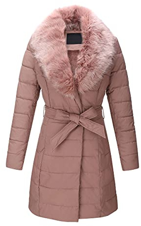 Giolshon Chaqueta Acolchada Abrigos Largos de Invierno para Mujer con Cuello de piel Sintética Desmontable 5527 Rosa XL