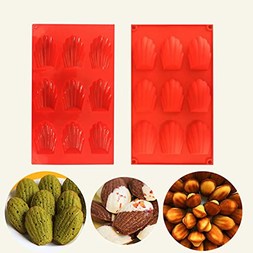 HYCSC 9 Cavity Madeleine Pan, 2Pcs Nonstick Silicone Madeleine Molds, Shell Shape Baking Cake Mold Pan(Red)