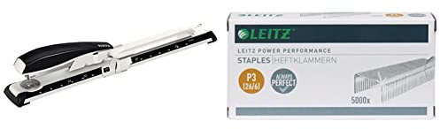 Leitz Agrafeuse de Bureau Long Bras, Capacité 40 Feuilles, Noir, Boîtier Métallique Ergonomique, Gamme NeXXt, Agrafes Incluses & Power Performance Agrafes P3 (26/6), Galvanisé, Boîte de 5000 Agrafes