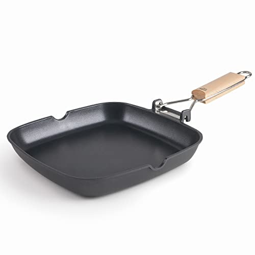 LACOR - 25154 - Poêle Grill SUA lisse en aluminium fondé 100% sans PFOA, antiadhésive bicouche, manche pliable bois de chêne, fond Full Induction, adapté à l'induction, 24 x 24 x 3,7 cm, noir