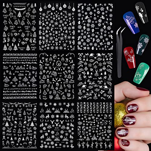 MELLIEX 9 Blatt Nagelsticker Weihnachten, Weiß Selbstklebend Nagelaufkleber Weihnachts Nagelfolie für Nail Art Dekoration