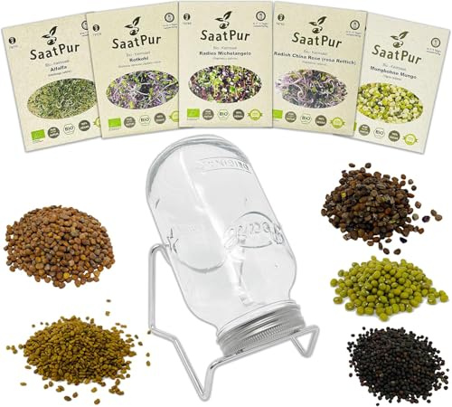 SaatPur Ekologisk spirande presentset nr 6 med groddburk 1L och 5 fröpåsar med groddar frön, hög groningsförmåga, mikrogrönt för vitaminrik näring, hållbara gräspappersförpackningar, vegan