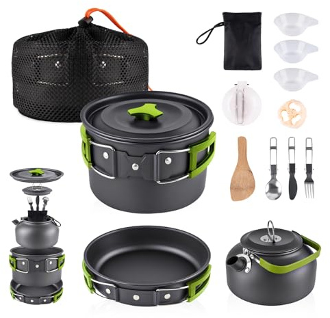 aiGear Camping Cooking Set/Camping Pots and Pans 12 Piece Green Aluminum