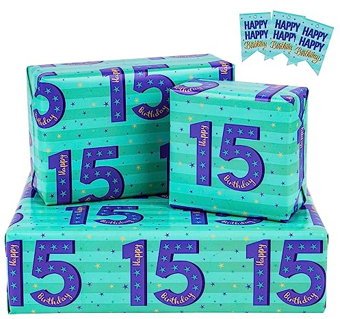 RUSPEPA Geburtstags-Geschenkpapierbögen mit Geschenkanhängern für Teenager-Jungen-Geburtstagsgeschenkpapier, 3-fach gefaltet auf Bögen pro Set, 50 x 70 cm, Alter 15