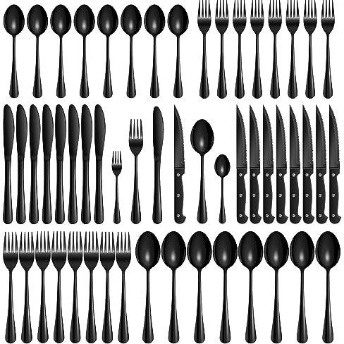 Velaze Cutlery Set, 48-Piece Black Knife and Fork Sets, Stainless Steel Flatware Cutlery Set with Steak Knives, Cutlery Set for 8 People,Mirror Polished,Dishwasher Safe
