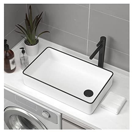 Lavabo Salle de Bain Lavabo de salle de bain rectangulaire en céramique blanche de 19,6 po x 12,5 po, lavabo vasque en porcelaine au-dessus du comptoir avec robinet noir et bonde escamotable combinée