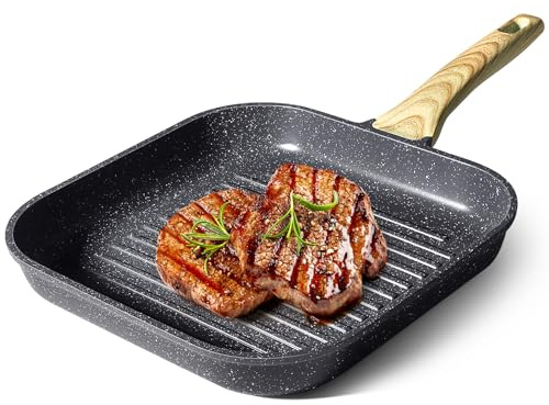 GiPP Nonstick Grill Pan for Stove Tops - 11 Inch Square Grilling Pan for Indoor Cooking & Outdoor Grilling, Non Stick Granite Grill Skillet Steak Pan, PFOA Free (Grey)