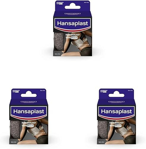 Hansaplast Kinesiologie Tape 3er-Set, wasserfestes Sport Tape lindert Muskelschmerzen und fördert die Durchblutung*, Kinesio Tape bietet Unterstützung für Gelenke und Muskeln*, 1 Rolle, Schwarz