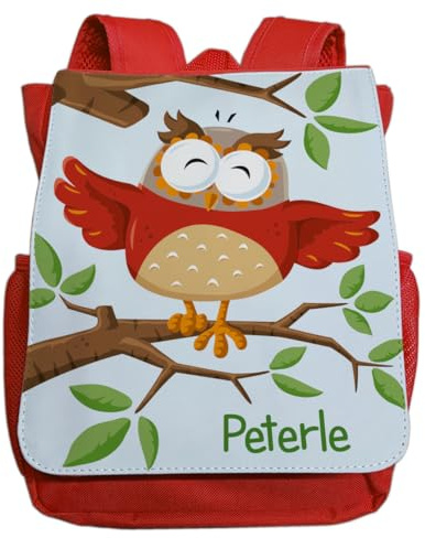 minimutz Kindergartenrucksack Junge Mädchen - Personalisiert mit Namen - Kinderrucksack Tier Eule Uhu - Kleiner Freizeitrucksack Kita Kindergarten 2-5 Jahre (rot)