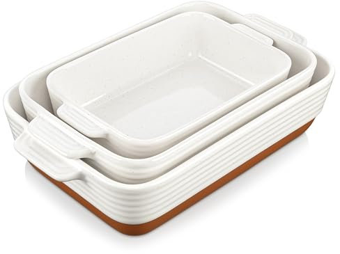 MALACASA Serie TARA, Set de 3 Fuentes de Horno de Gres con Asas, 3800ml, 2700ml y 1450ml, Ideal para Lasañas, Gratinados, Asados y Verduras al Horno, Blanco Vainilla con Esmalte de Sésamo y Caqui