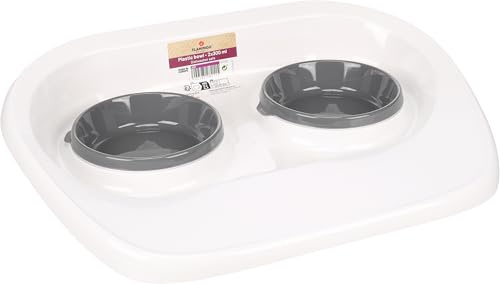 Flamingo Gamelle pour la Nourriture et l'eau Jon Blanc - 43x32x8,5cm - Antidérapant - 2 gamelles Amovibles pour Nourriture et l'eau dans 1 Support - Bord surélevé empêche Les déversements sur Le Sol