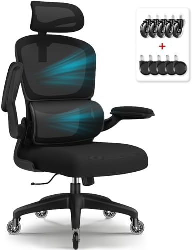 Aiidoits Bürostuhl, Bürostuhl Ergonomisch mit Verstellbarer Kopfstütze, Lendenwirbelstütze und Klappbaren Armlehnen, Chefsessel150 kg, Ergonomischer Stuhl Wippfunktion bis 135°