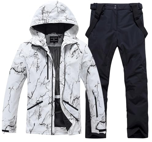 Traje de Esquí Para Hombre, Chaqueta y Pantalones Largos Impermeables y a Prueba de Viento, Ropa de Invierno Con Capucha Para Aire Libre, 009WT + Noir, M