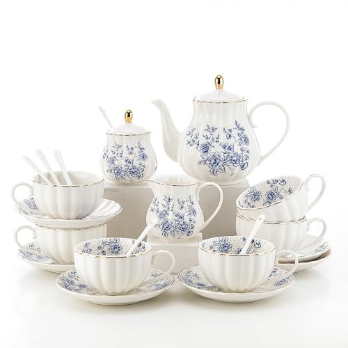 Bloosnow 22pcs Rose Porcelain Tea Set for Coffee,Tea Blue Porcelain Tea Cup Set