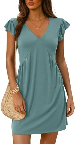 Dokotoo Vestido Mujer Verano Elegante Corte Imperio Pico Mangas con Volantes Fiesta Vestidos Color Liso Manga Corta Casual Mini Playeros Azul 2XL