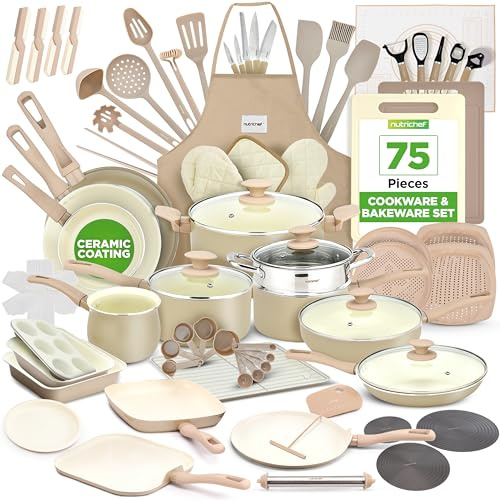 NutriChef Set 75 Pezzi con Pentole, Padelle e Teglie da Forno Antiaderenti in Ceramica, Coltelli, Utensili, Sicuro per Uso Alimentare, Crema/Marrone