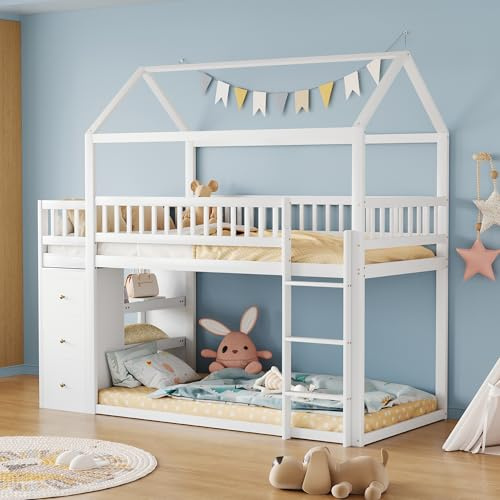 TIZZ 90 * 200 cm,Etagen-Kinderbett, Hausform, Sicherheitszaun-Design, Mit Aufbewahrungskommode und Regalen, Niedriges Hochbett mit Leiter, Massivholzrahmen, Weiß