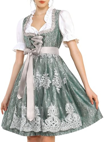 KOSMEEU Dirndl Dam Midi, Traditionell Klänning, Oktoberfest Kostymmode Dirndl, Traditionell Kjol, Germandress Inkl. Dirndl-förkläde Dirndlblus, Grön 38