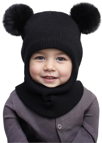 3-i-1-halsduk mössa öronmuffar vinter stickad mössa barnmössa slip-mössa barn baby vintermössa stickad mössa huva mjuk halsduk mössa med dubbel tofs pom pom pojkar flickor 1–8 år, svart, One size