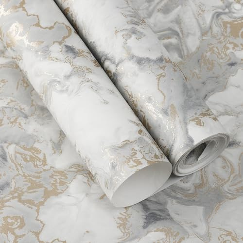 Pamatio Marble Textured Glitter Effect Wallpaper Non-Woven Modern Luxury Silver Gold Vintage Classic Swirl Pattern - Slightly Shiny Effect - for Bedroom Adults Living Room Corridor Wallpaper, 9.5m