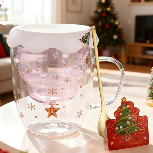 LYPPUL Weihnachtstasse Doppelwandige, Doppelwandige Süße Weihnachtsbaum Latte Macchiato Gläser, 300 ml Weihnachtsgläser, Kaffeebecher Doppelwandig Glas mit Weihnachtsbaum-Deckel, Christmas Mug