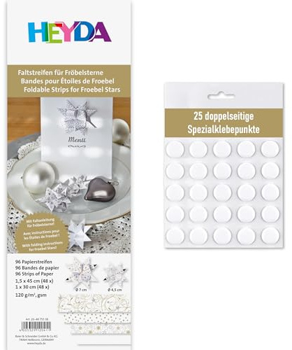 Heyda Faltstreifen für Fröbelsterne – 96 Streifen, 120 g/m² – beidseitig bedruckt – Bastelpapier Set für 24 Sterne – mit Anleitung – Basteln - inklusive 25 Klebepunkte (weiß 1x30cm + 1,5x45cm)