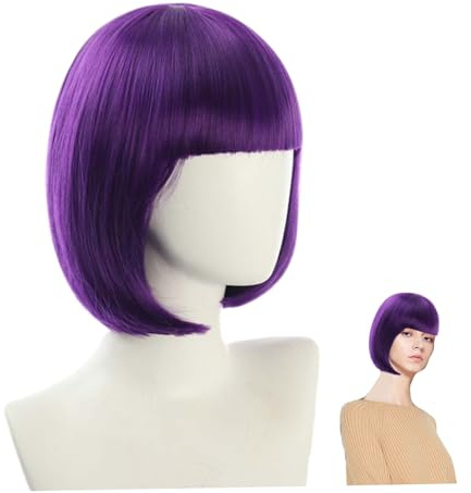 Parrucca corta viola Parrucca diritta viola scuro da 12 pollici con frangia Fibra sintetica resistente al calore regolabile traspirante dall'aspetto naturale per Halloween, feste, cosplay..