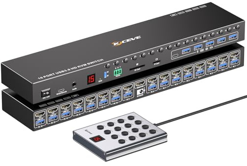 16 portar KVM Switch HDMI 4K@60Hz EDID Simulering, 1U Rackmonterad USB 3.0 HDMI KVM switch för 16 datorer/servrar, med 6 USB3.0 portar, TF/SD, ljud RS232, med 12V nätverk, kontroller och 16 USB kablar