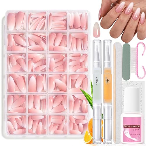 360Pcs Falsche Nägel Zum Aufkleben, Almond Rosa Gradient Kurze Künstliche Fingernägel Kit mit 2 Pcs Nagelöl Stift - Full Cover Fake Nails softgel Natürliches Tragegefühl Manicure (Rosa Almond)