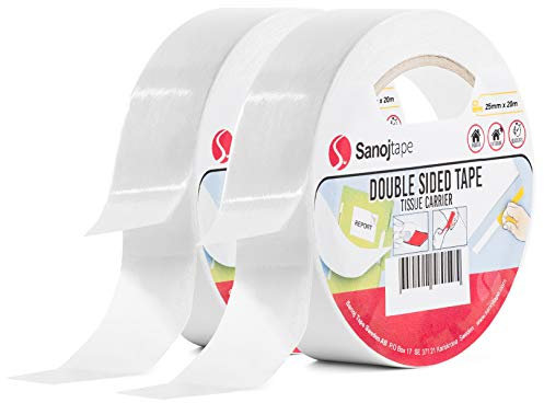 Sanojtape Double Sided Tape for Card Making Craft Mounting Tape (2-Pack) 25mm x 20m | General Purpose for Crafts Photos Office DIY | Thin & Easy Tear by Hand
