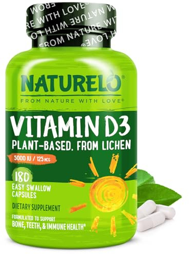 NATURELO Vitamin D - 5000 IU - Plant Based from Lichen - Natural D3 Supplement for Immune System, Bone Support, Joint Health - High Potency - Vegan - Non-GMO - Gluten Free - 180 Capsules