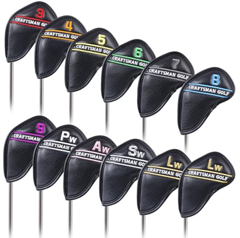 Craftsman Golf 12pcs or 1pc Black Synthetic Leather Golf Iron Head Covers Set Headcover with Colorful Number Embroideried For Callaway, Ping, Taylormade, Cobra For Right and Left Handed Golfer