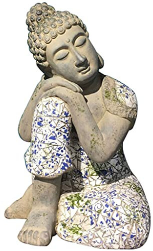 Garten Statuen Villa Garden Schlafender Buddha Dekoration, Bodenbelagsskulptur Aus Südostasien, Bemalte Blau-weiße Buddha-Statue (Color : Gray, Size : 31 * 46cm)