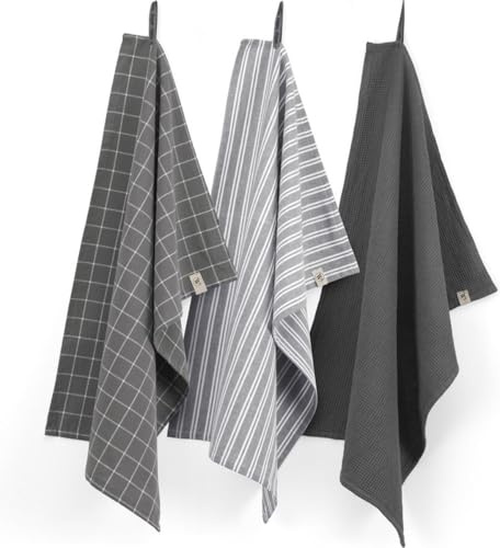 Walra - Küchenset – Dry w. Würfel, einfarbig, Streifen & Blocks – 100% Baumwolle – 3 x 50 x 70 cm – Off Black