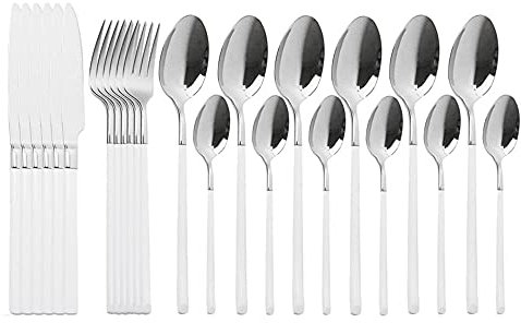 Couverts de table,24 pièces Ensemble de couverts en acier inoxydable Ensembles de vaisselle de polissage de miroir Utilisation polyvalente pour la maison et la cuisine-Blanc et argent