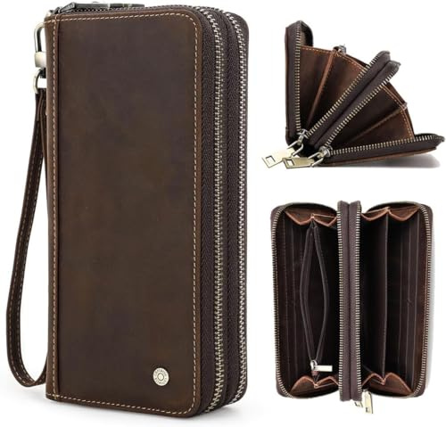 CONTACTS Herren Echtleder Clutch Business Travel Double Zip Around Geldbörse 4 Zwischenschichten Vintage Lange Geldbörse mit Handgelenkwickel